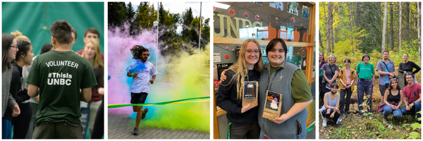 photo collage with a student volunteer, Student Ambassadors, a graduate student group hike, and a participant in the colour run