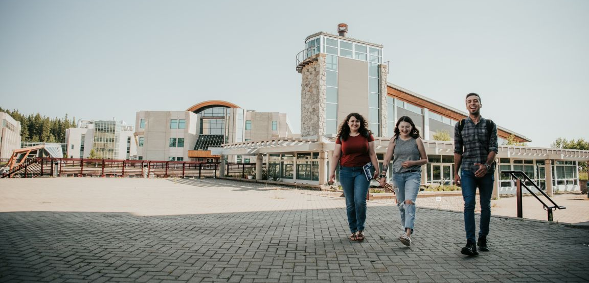 UNBC students walking outside at Prince George campus