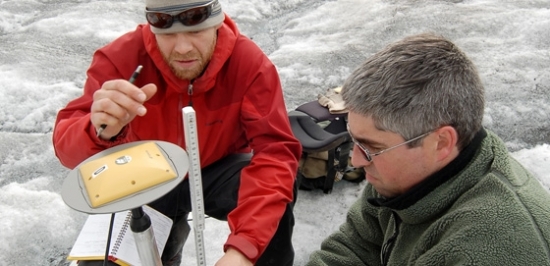 Researchers working on the glacier