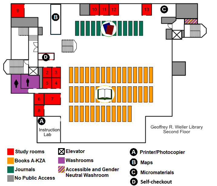 Map of second floor of Geoffrey R. Weller Library at UNBC Prince George campus