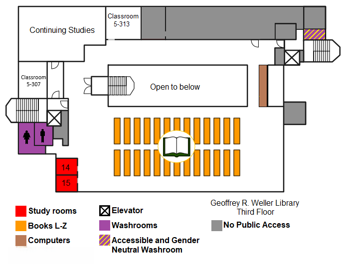 Map of third floor of Geoffrey R. Weller Library at UNBC Prince George campus