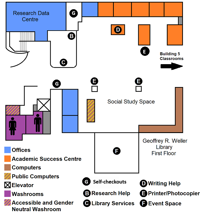 Map of first floor of Geoffrey R. Weller Library at UNBC Prince George campus