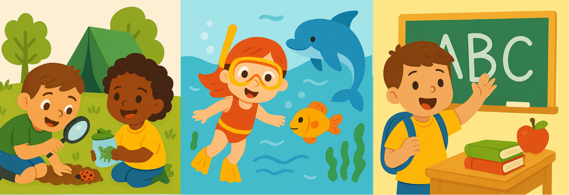 Illustrated image of kids with bugs, a little girl under the ocean with a fish and dolphin and a little boy in a classroom with a chalkboard with ABC, books and an apple