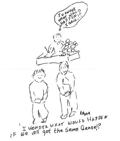 "I wonder what would happen if I gave..." | "I winder what would happen if we all got the same grade!?"
