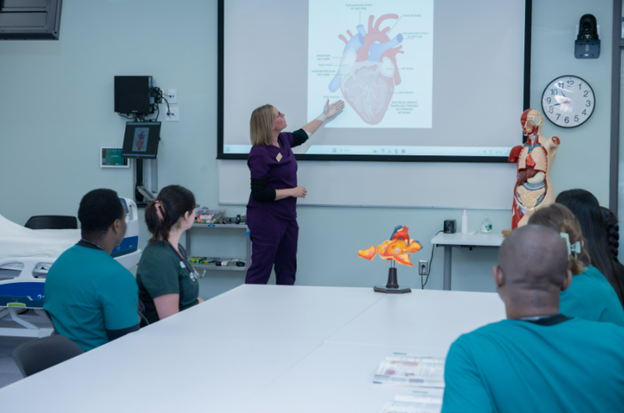 Students around a table in Lab Instruction session; Instructor is explaining digital content display. 
