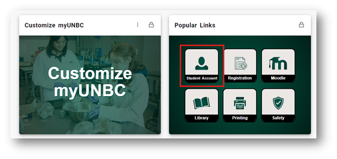 2. Find the Popular Links Card on MyUNBC and click on Student Account.