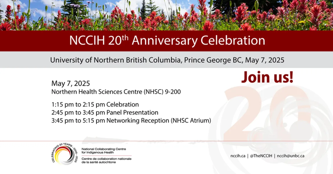 Promotional graphic for the NCCIH 20th Anniversary Celebration at UNBC on May 7, 2025, featuring event details and a red banner with wildflowers in the background.