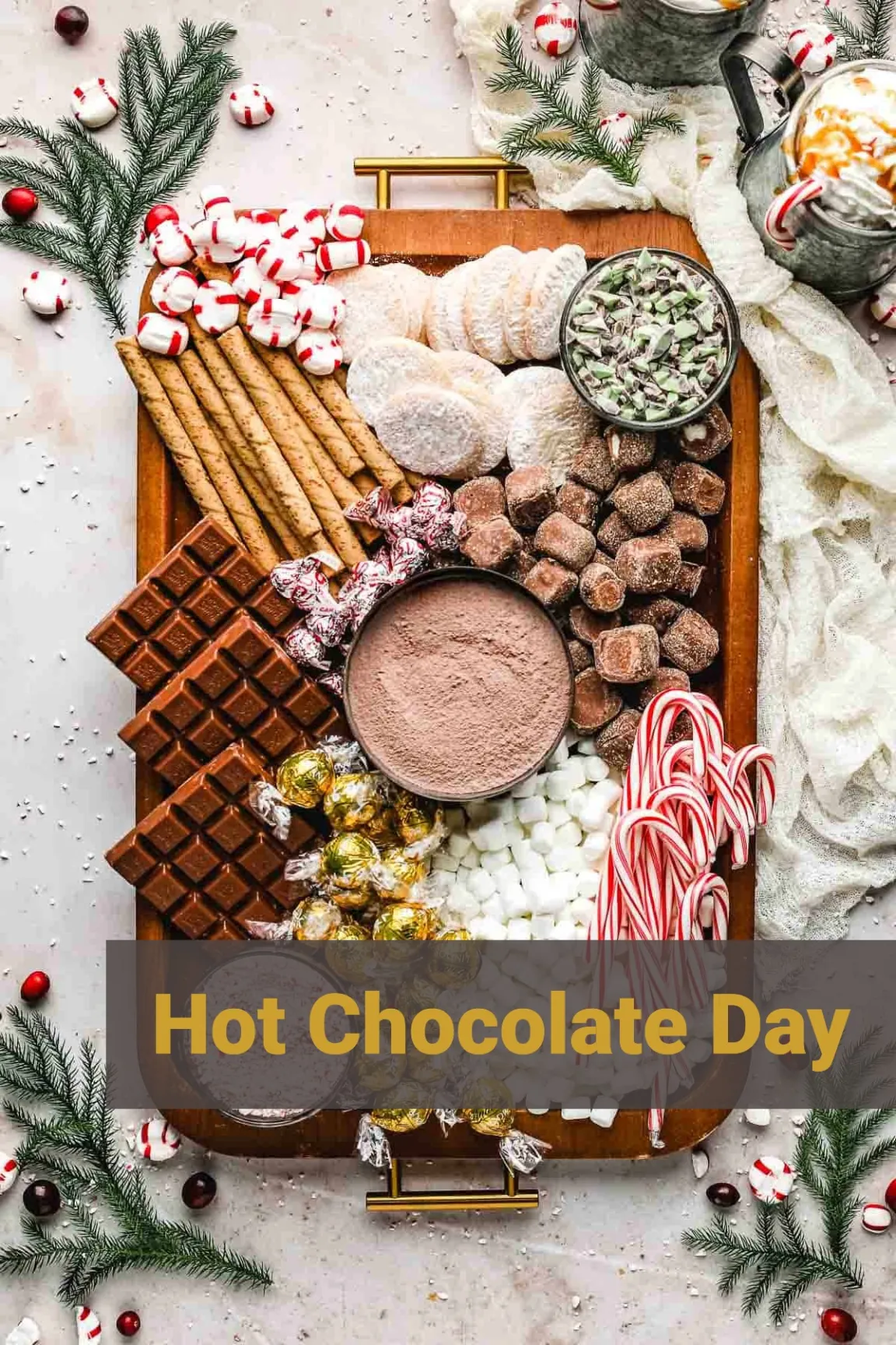 A tray of hot chocolate served with a variety of toppings