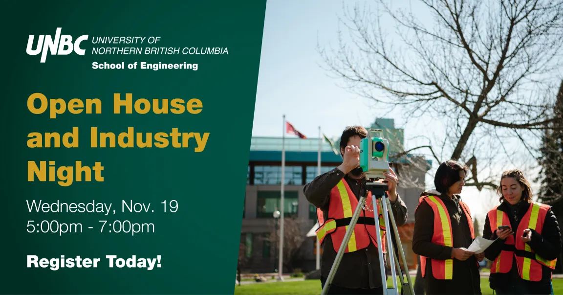 Cover image with Engineering open house information, featuring students in safety vests using surveying equipment.