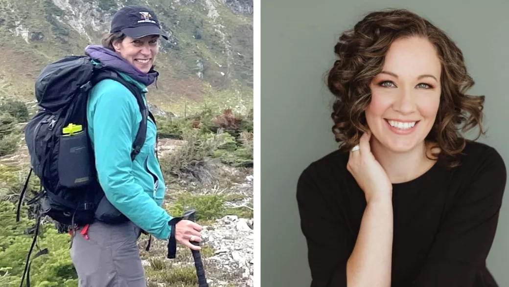 Two people shown in separate photos, one in hiking clothing at left and one in a black shirt at right.