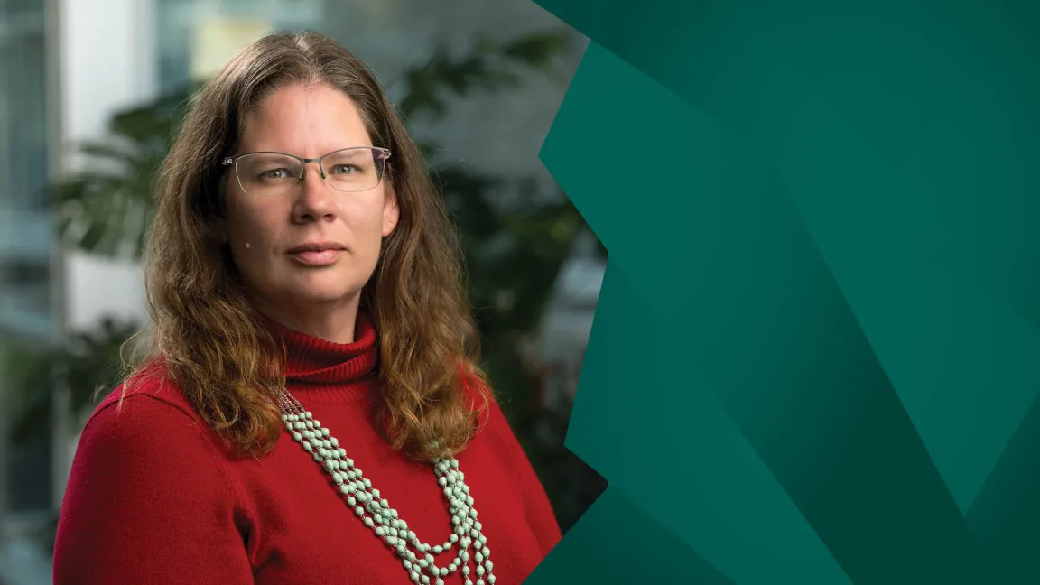 Photo with graphic shows Person wearing glasses, red sweater and turquoise necklace on left and green graphic design on right.
