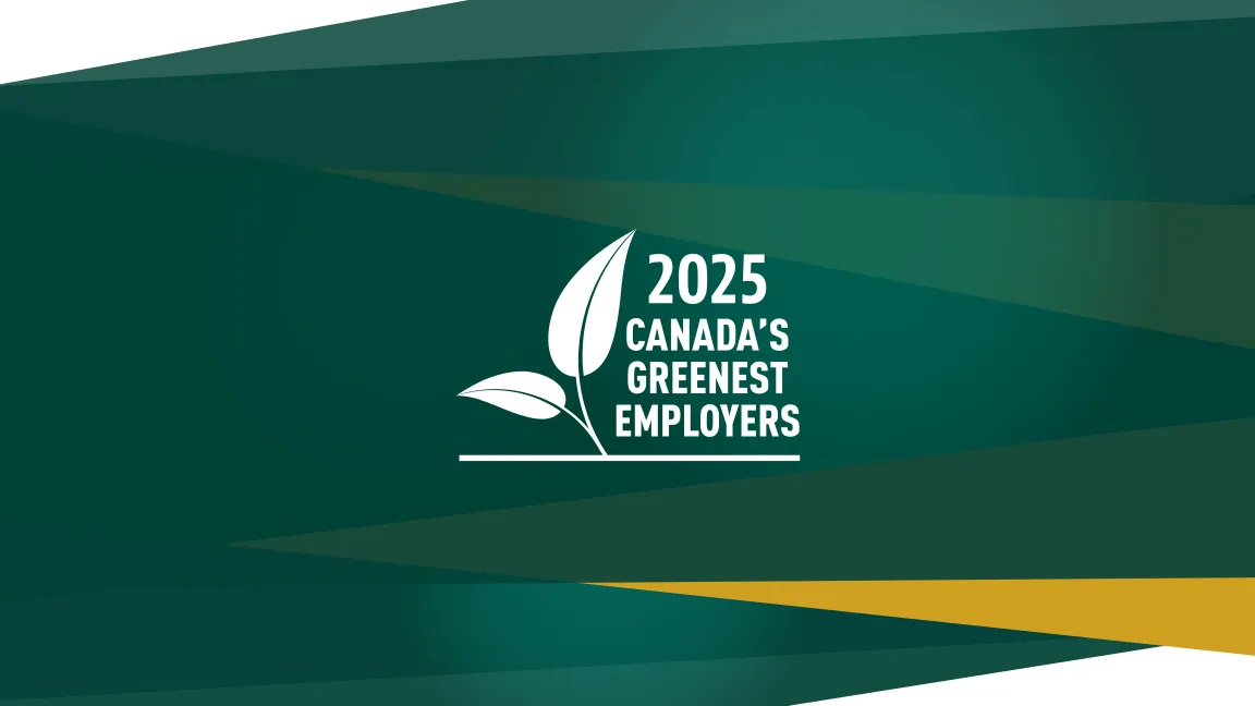 Canada’s Greenest Employers 2025 logo featuring two white leaves on a stylized green background with angled geometric shapes.