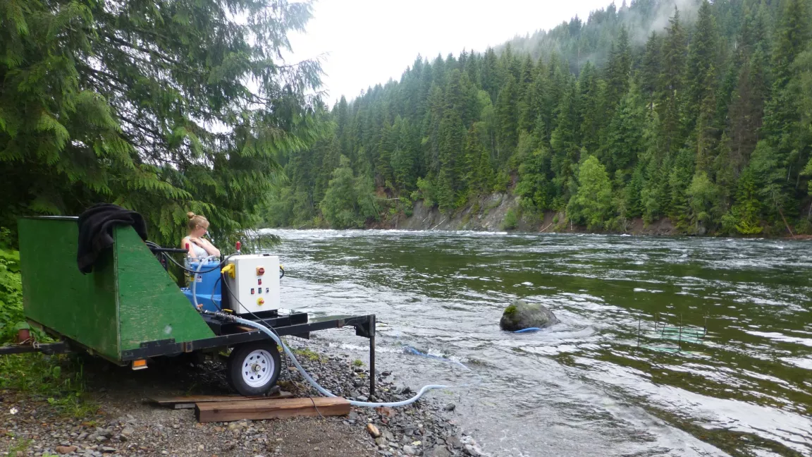 A person monitors equipment taking samples in the Quensel River.