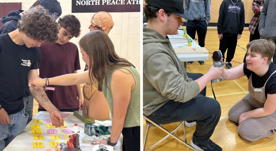 A collage of two photos showing health professional students demonstrating different medical tools to high school students.