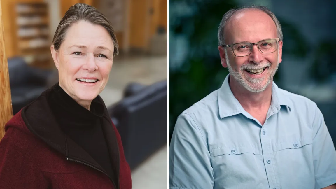 A split-image portrait featuring two UNBC researchers. On the left, Dr. Ellen Petticrew is wearing a burgundy and black jacket and smiling in an indoor setting with wooden accents and lounge seating in the background. On the right, Dr. Philip Owens is wearing a light blue collared shirt and glasses, smiling against a blurred background with greenery.