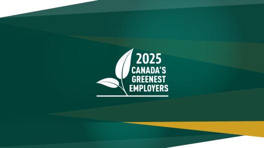 Canada’s Greenest Employers 2025 logo featuring two white leaves on a stylized green background with angled geometric shapes.