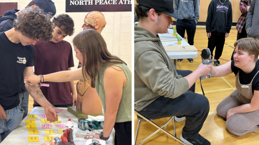 A collage of two photos showing health professional students demonstrating different medical tools to high school students.