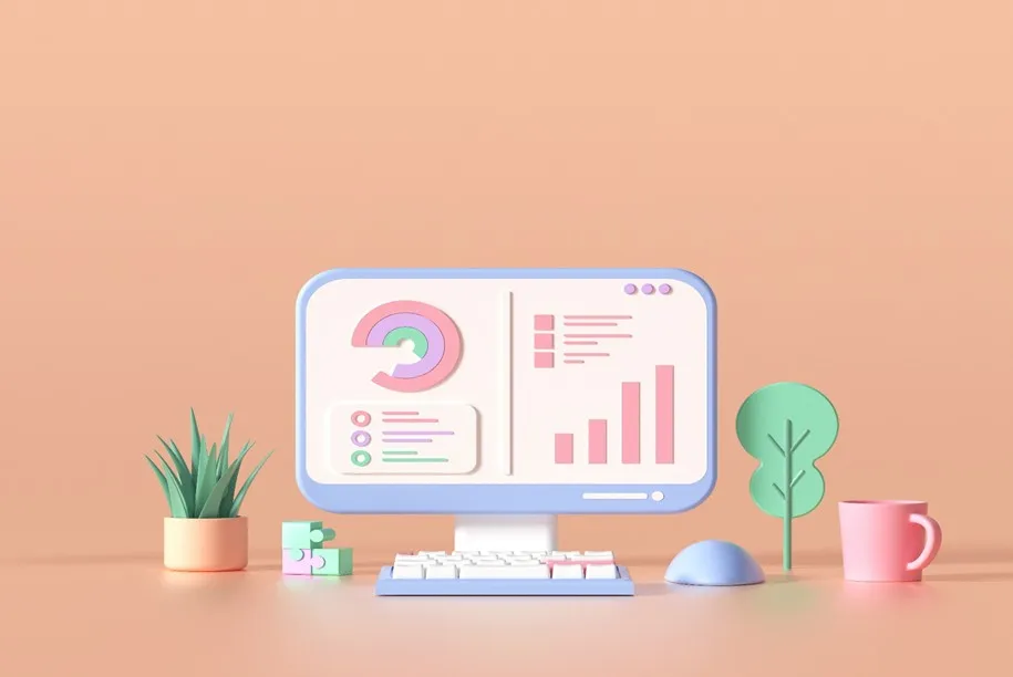 Stock image of a computer screen, mouse, keyboard, and a few desk decorations.