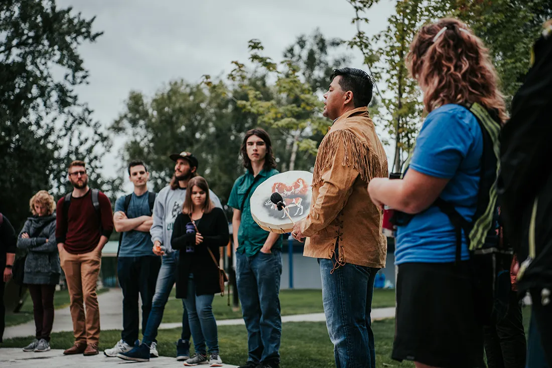 Indigenous drum circle with UNBC students