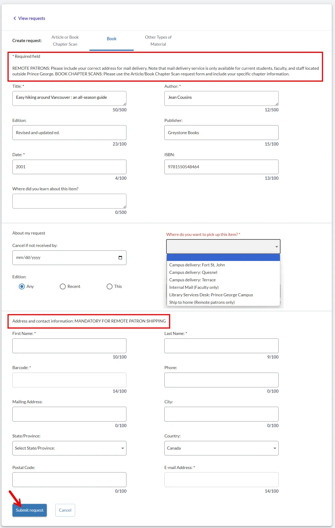 Example of the form for shipping materials to patrons.