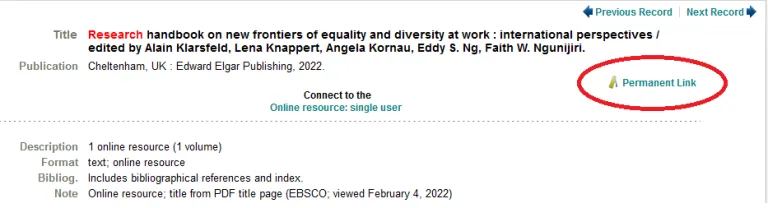 Screenshot of a book's record in the library catalogue. The Permanent Link link is circled in red.