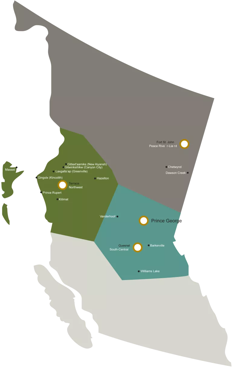 Map of UNBC campuses in British Columbia