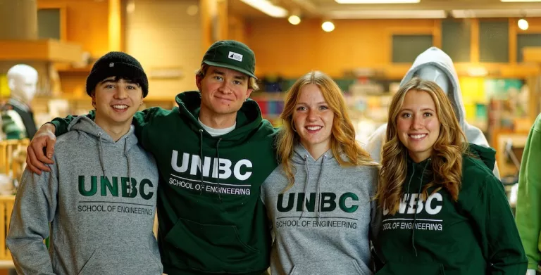 Group of Engineering students posing in School of Engineering hoodies.