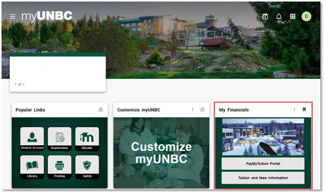 Screenshot of UNBC student account after the student logged in successfully