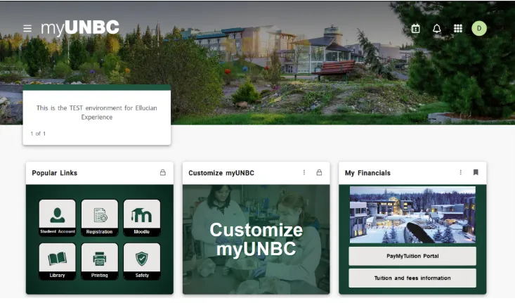 Image of UNBC student account after the student logged in successfully