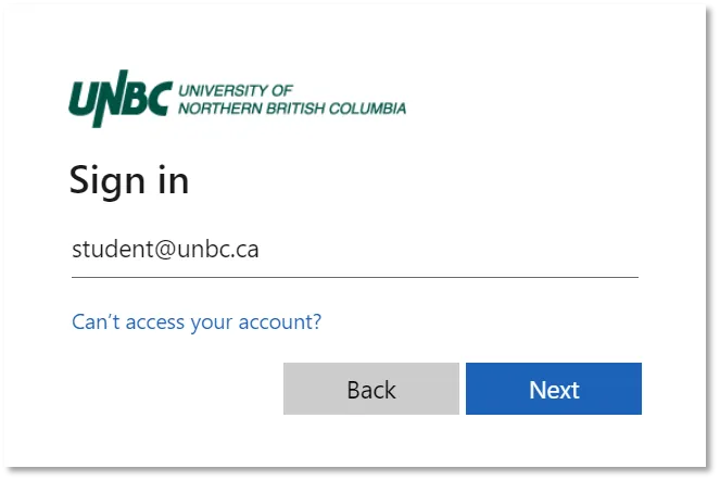 Image of UNBC student account login portal - "Sign in" section