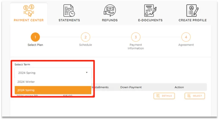 Screenshot showing how to select the correct Payment Plan Term in PayMyTuition portal