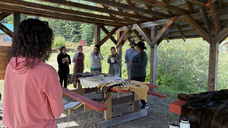 Students learning in outdoor classroom at the John Prince Research Forest
