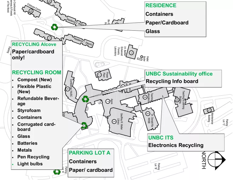 UNBC PG Campus Map of Recycling stations