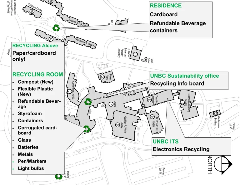 UNBC PG Campus map of Recycling locations