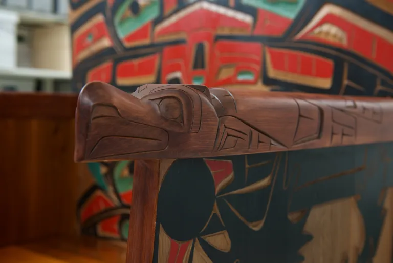 Arm of the President's Ceremonial Chair - The ceremonial chairs at UNBC, including the presidential chair, were created by Ron Sebastian, an acclaimed northwest coast Indigenous artist.