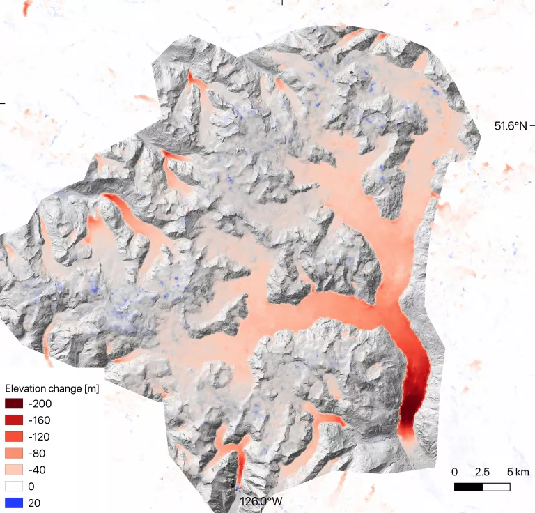 Elevation change over the Ha-Iltzuk Icefield for the period 2000-2019.