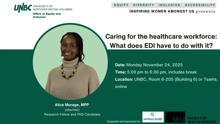Event poster with a green background featuring the University of Northern British Columbia logo and the title Office of Equity and Inclusion. The header reads: Equity | Diversity | Inclusion | Accessibility – Inspiring Women Amongst Us presents. Main topic: “Caring for the healthcare workforce: What does EDI have to do with it?” Speaker: Alice Murage, MPP (she/her), Research Fellow and PhD Candidate. Event details: Date: Monday, November 24, 2025; Time: 5:00 pm to 6:30 pm, includes break; Location: Room6205