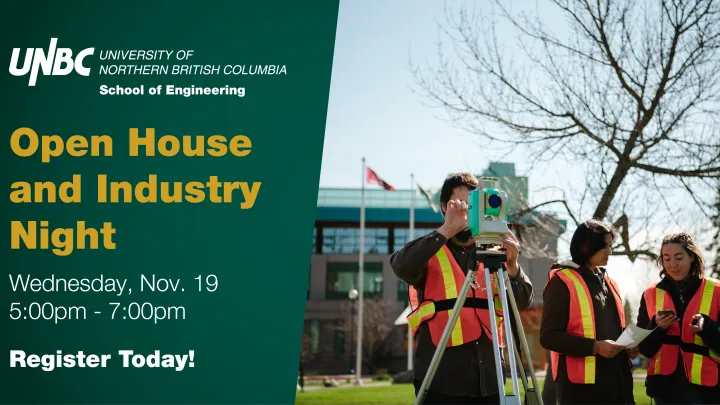 Cover image with Engineering open house information, featuring students in safety vests using surveying equipment.