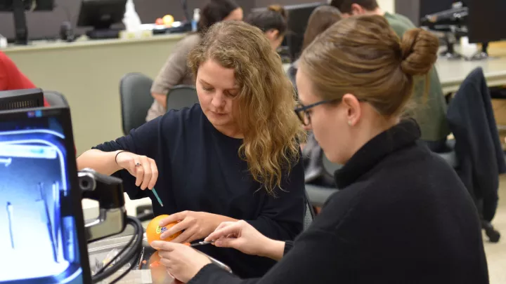Students testing on an orange